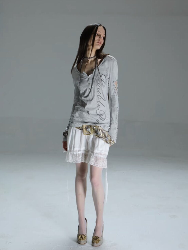 Long Sleeved Ripped Punk Print Tee【s0000015912】