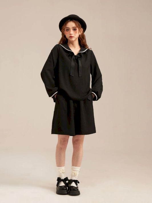 Navy Neck Long Sleeve Top Loose Shorts Customized Set【s0000007660】