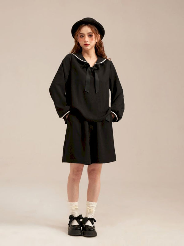 Navy Neck Long Sleeve Top Loose Shorts Customized Set【s0000007660】