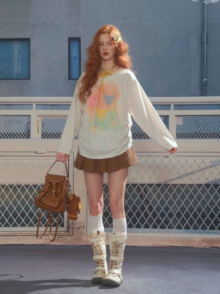 Butterfly Print V-Neck Strap Long Sleeve T-Shirt【s0000014360】