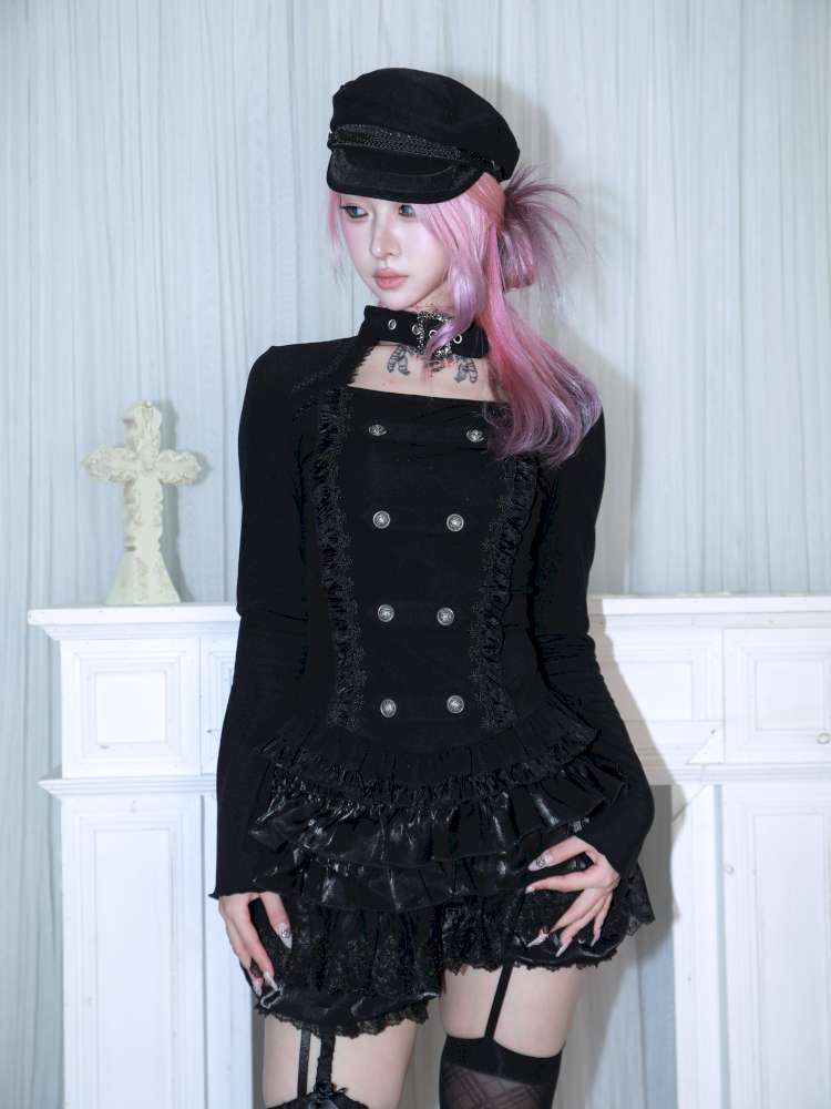 Subculture Thin Velvet Double Breasted Halter Top【s0000014683】