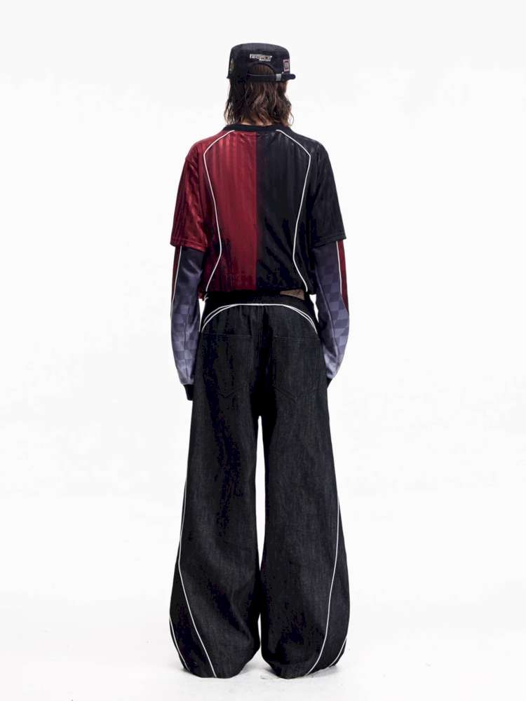 Red Trim Wide Leg Cotton Jeans【s0000015172】
