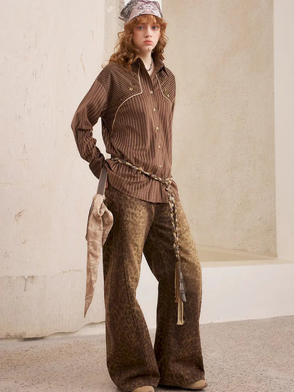 Velvet Beaded Contrast-Striped Vintage Shirt【s0000014079】