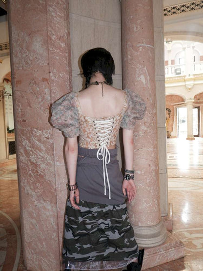 Patchwork Sheer Bud Strap Court Top【s0000015145】