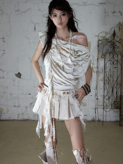 Foil Chain Print Asymmetrical T-Shirt【s0000016979】