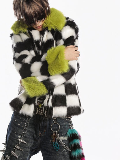 Checkerboard Patchwork Faux Coat【s0000019278】