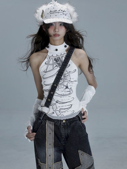 White Skinny Neck Tank Top【s0000013487】