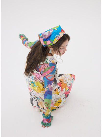 Blue Cartoon Printed Cotton Scarf【s0000016191】