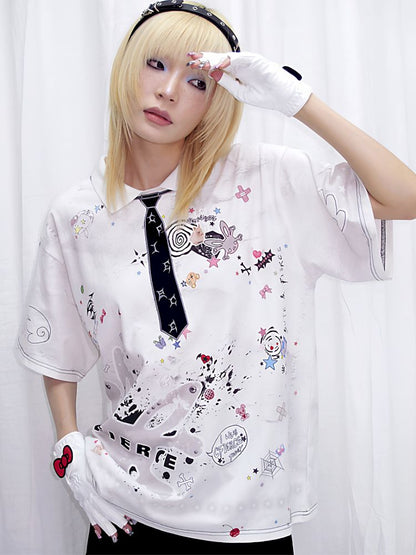 Sticker Print Embroidered Tie Polo Shirt【s0000013881】