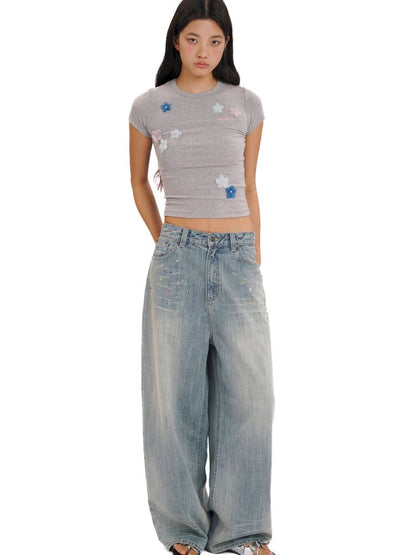 Irregular flowers Slim short-sleeved T-shirt【s0000013444】