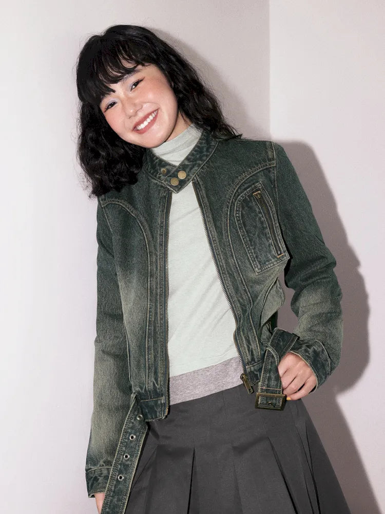 Retro-Washed Distressed Slim-Fit Denim Jacket【s0000013996】