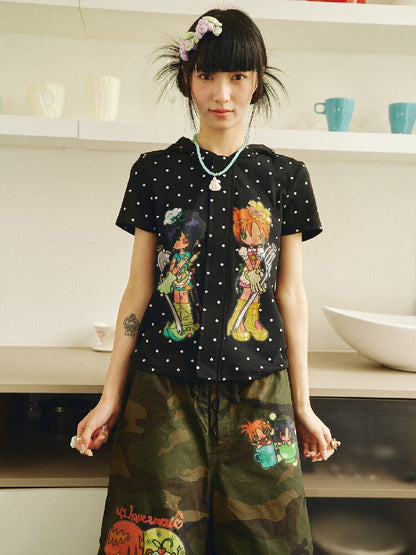 Polka Dot Hooded Short Sleeve Zip T-Shirt【s0000018695】