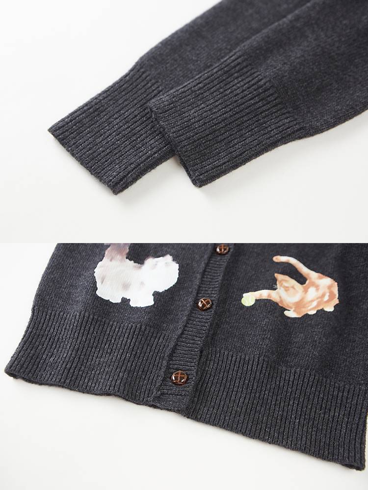Playful Kitten Print Knit Cardigan【s0000014395】