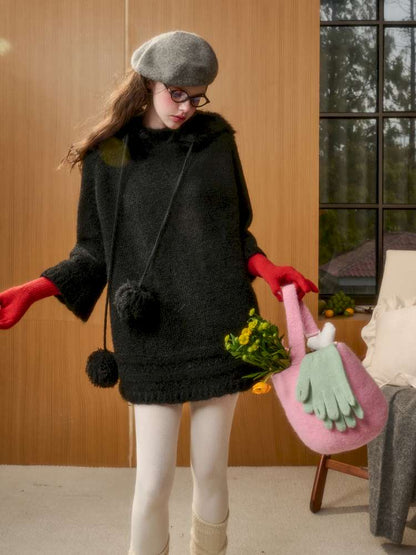 Wool Thick Hooded Fur Collar Knit Cape Skirt【s0000014890】