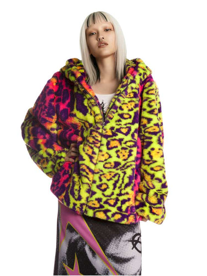 Fluorescent Neon Leopard Print Fur Hooded Jacket【s0000014912】