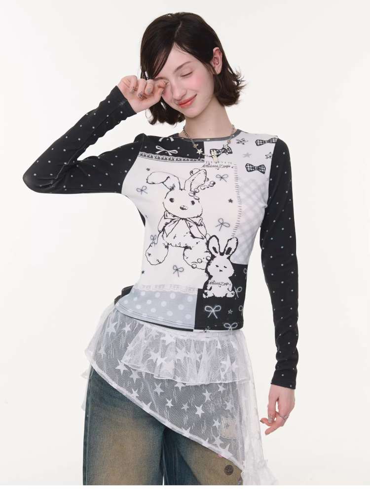 Rabbit Print Bow Contrast Top【s0000015433】