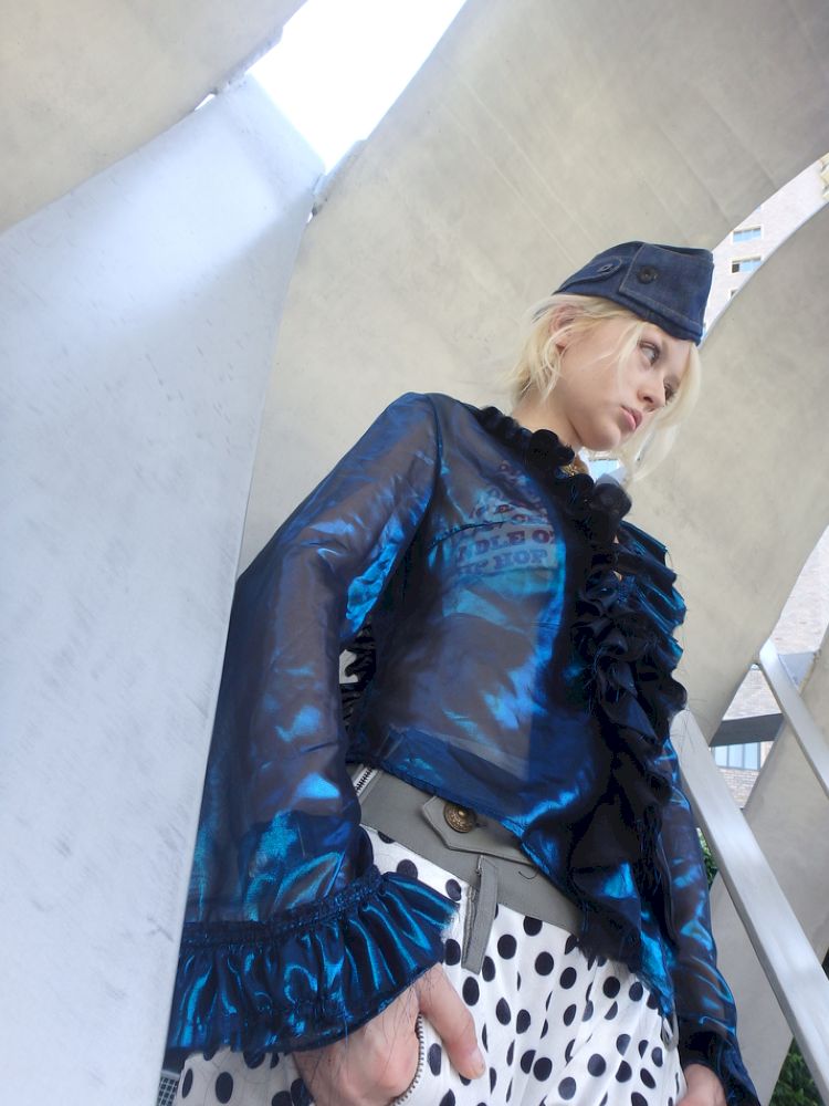 Metallic-colored broken polarized blue mesh cardigan【s0000013178】