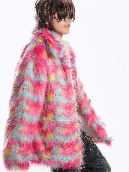 Rainbow Colorful Faux Fur Coat【s0000019281】