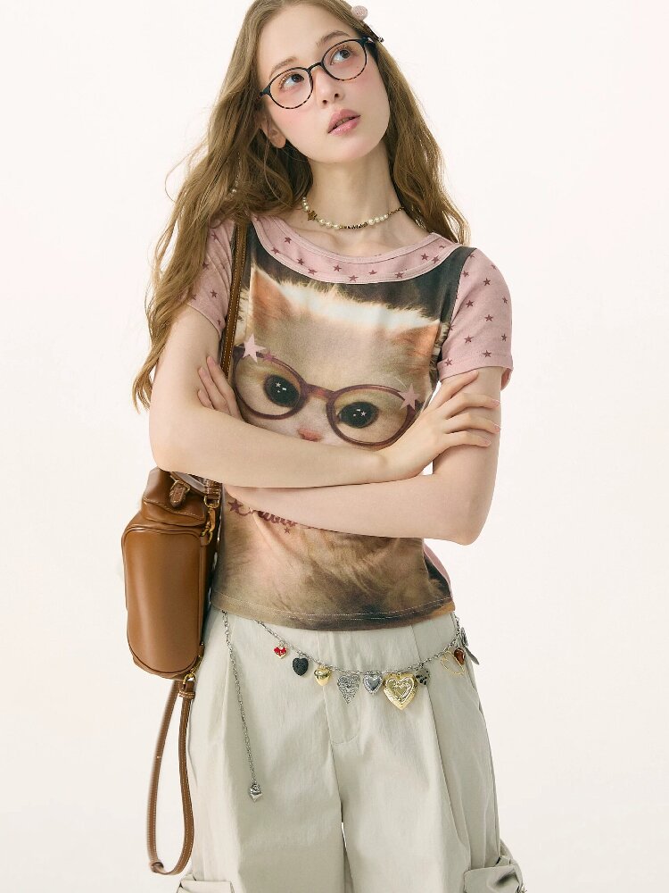Retro Vintage Cat Print T-Shirt【s0000016855】