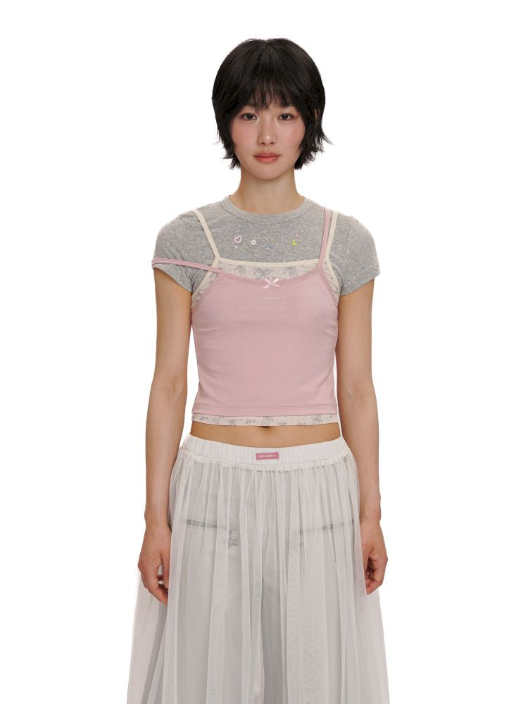 Lace satin bow short-sleeved T-shirt【s0000012504】