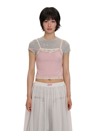 Lace satin bow short-sleeved T-shirt【s0000012504】