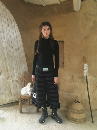 Striped Knit Furball Midi Slacks【s0000014900】