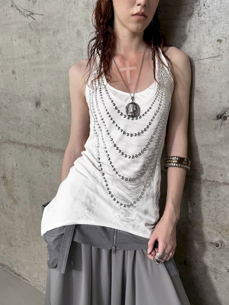 Irregular Print Metal Rivet Long Vest【s0000012830】