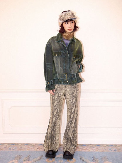 Loose Green Flocked Denim Jacket【s0000011638】