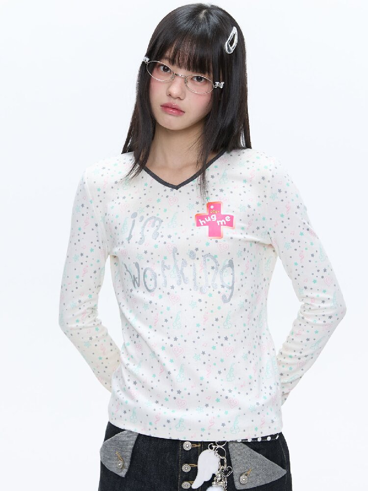 Full Print V Neck Long Sleeve Top【s0000016406】