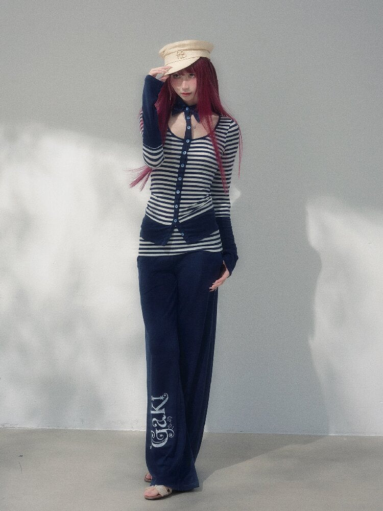 Navy Blue Wool Patchwork Pants【s0000019258】