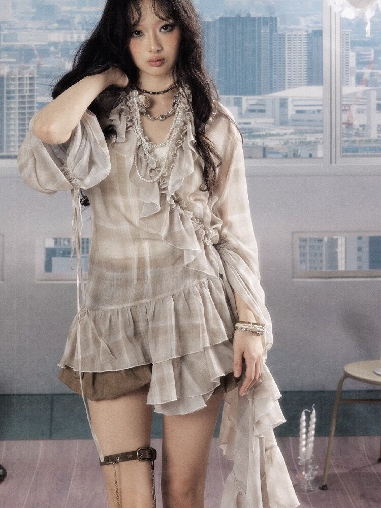 Plaid Ruffled Sunscreen Long Shirt【s0000016531】