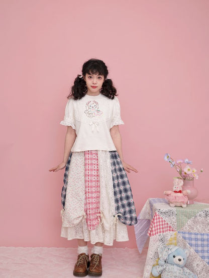 Lace Ribbon Bubble Sleeve T-Shirt【s0000012014】