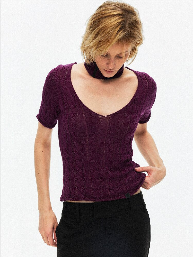 Cut Out Cable V-Neck Knit Top【s0000015928】