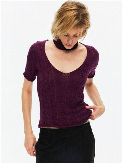 Cut Out Cable V-Neck Knit Top【s0000015928】