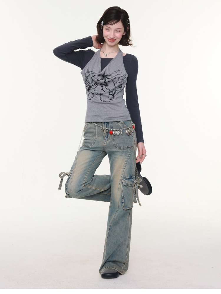 Rabbit Print Slim Halterneck Top【s0000015436】