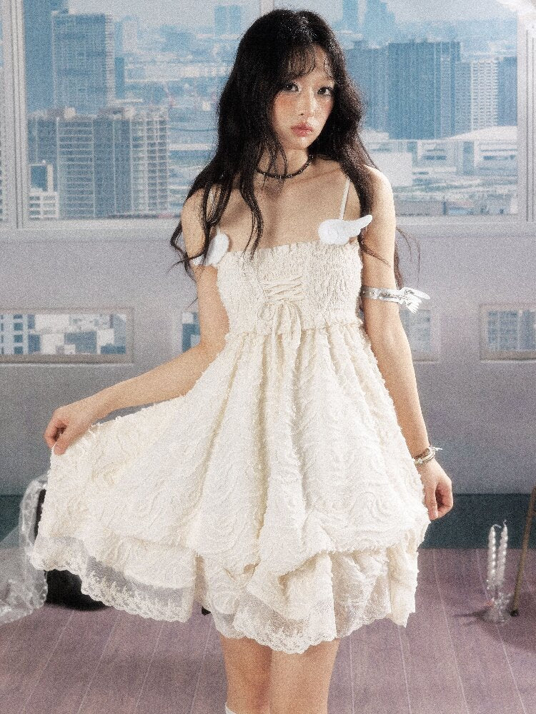 Shirred Lace White Texture Dress【s0000016278】