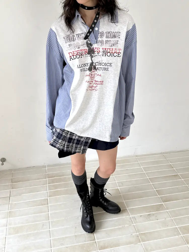 Patchwork Blue Striped Sleeve Shirt【s0000014199】