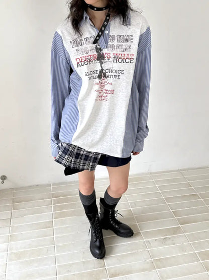 Patchwork Blue Striped Sleeve Shirt【s0000014199】