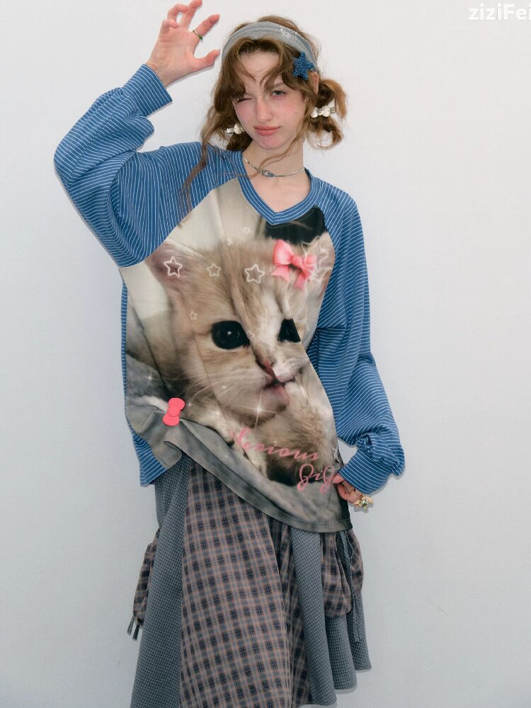 Striped Cat Print Sweatshirt Top【s0000017881】