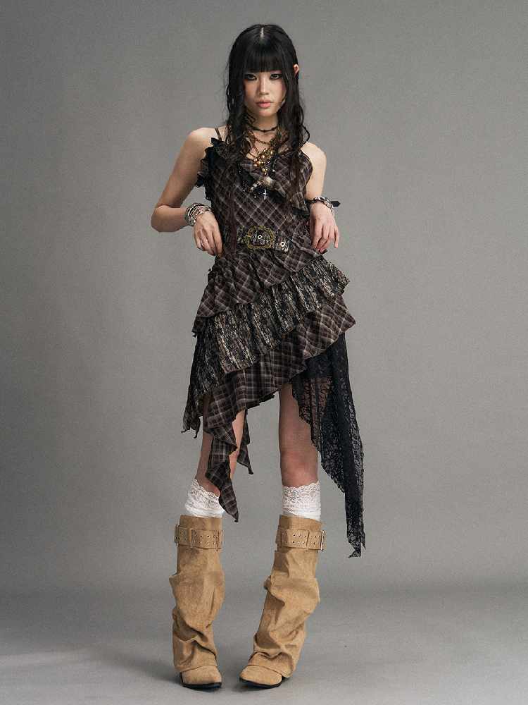 Vintage Patchwork Lace Plaid Dress【s0000017532】