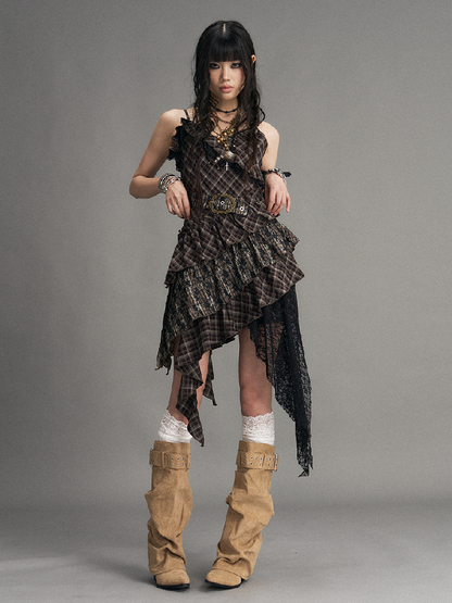 Vintage Patchwork Lace Plaid Dress【s0000017532】