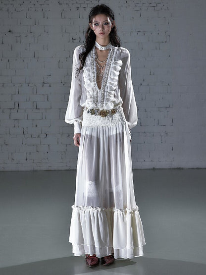 Shirring Deep V Chiffon Dress【s0000015932】