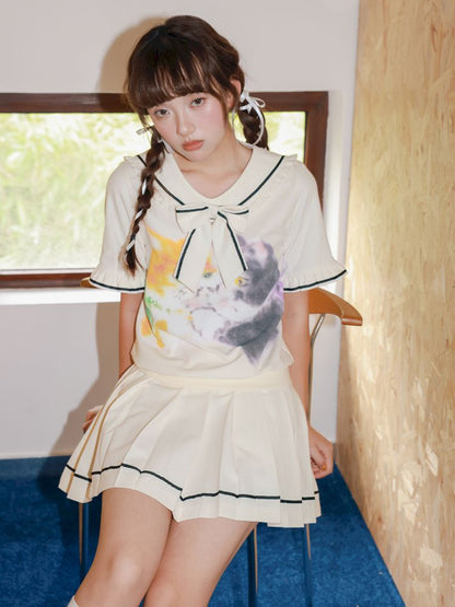 Kitten Printed Navy Neck Short Sleeve Half Dress【s0000013339】