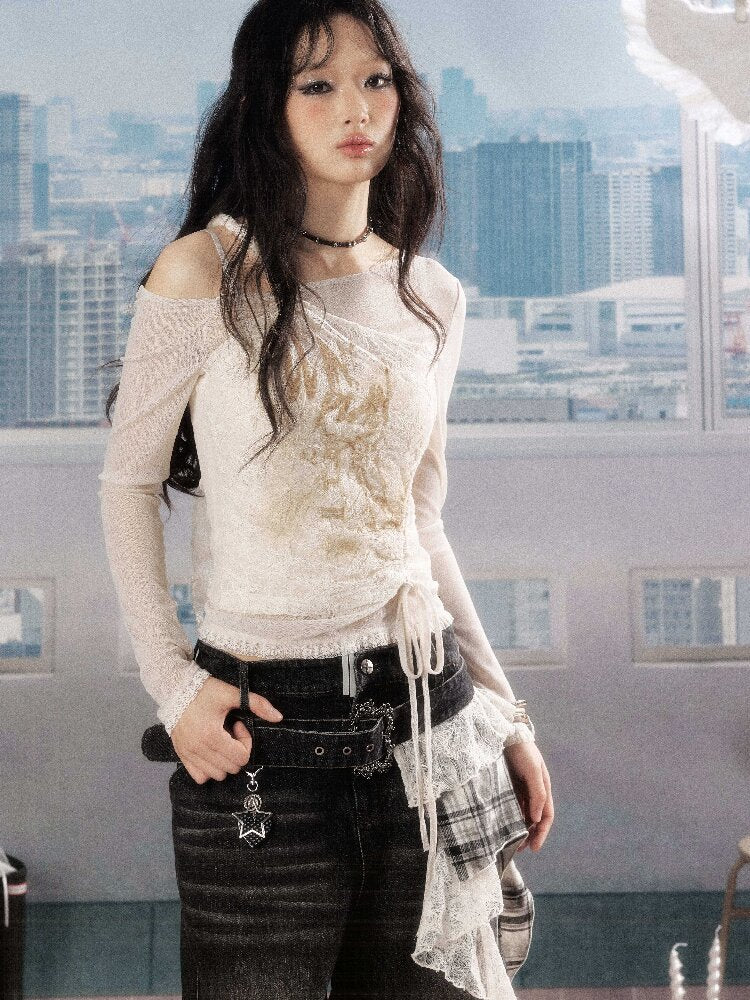 Lace Print Slanted Shoulder Tee【s0000016270】