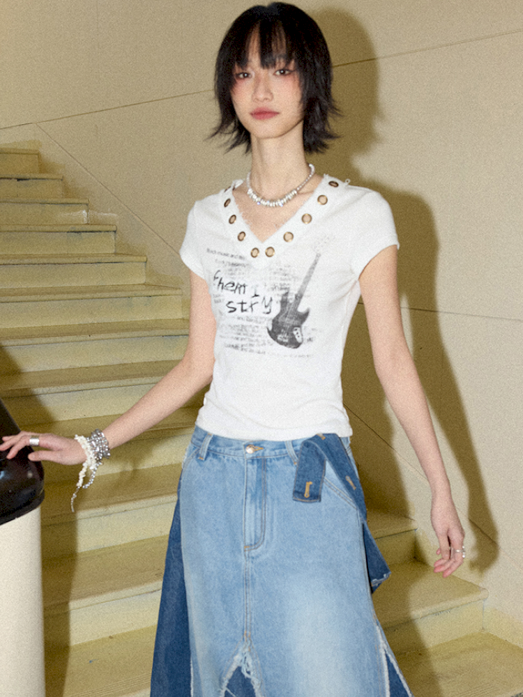 V-Neck Guitar Print Short Sleeve T-Shirt【s0000012424】