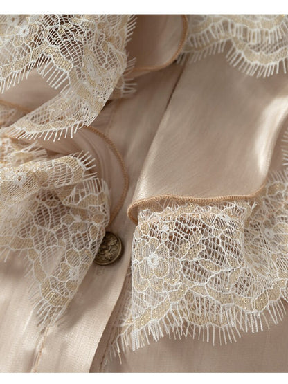 Ruffled Lace Satin Silk Shirt【s0000019157】