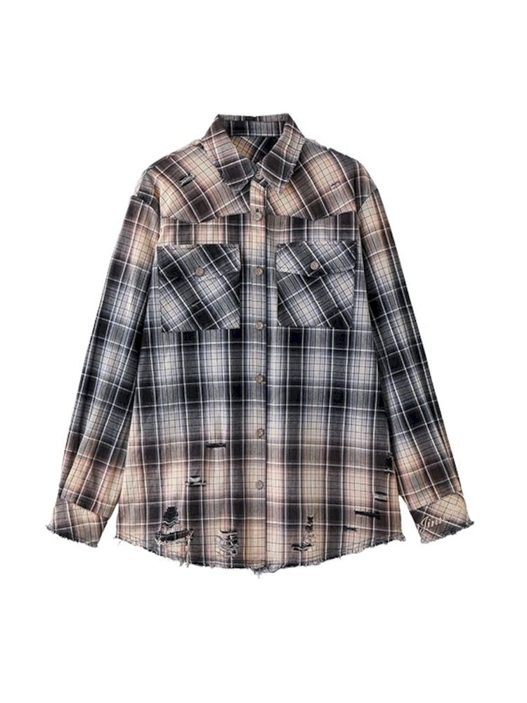 Washed do old plaid long-sleeved shirt【s0000009712】