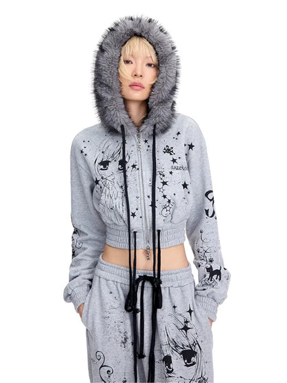 Angel Girl Doodle Print Short Hoodie【s0000014090】