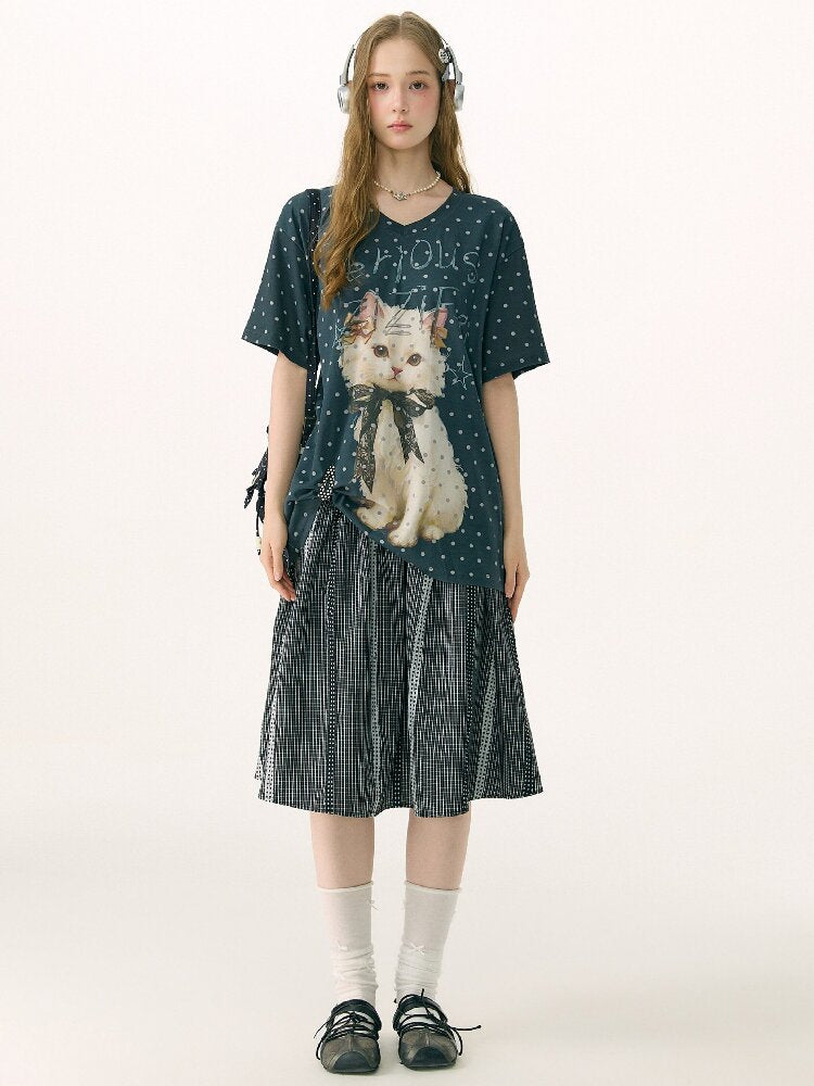 Loose Polka Dot Cat Print T-Shirt【s0000016856】
