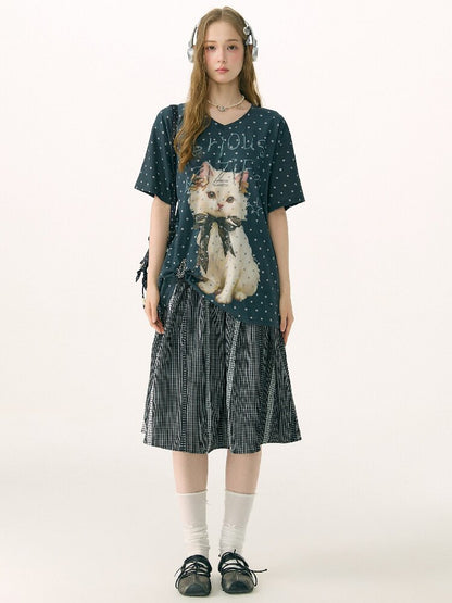 Loose Polka Dot Cat Print T-Shirt【s0000016856】